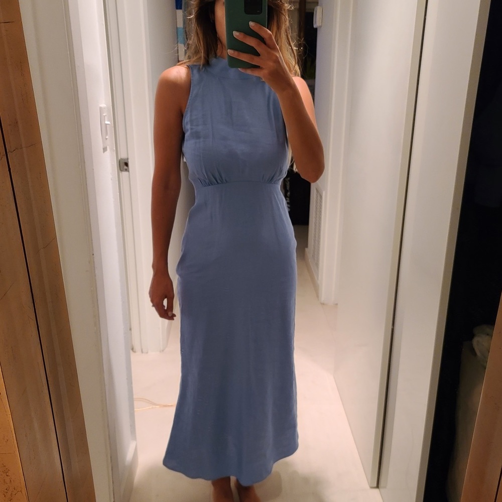 Zara Halter Dress Fitted Linen Blue
